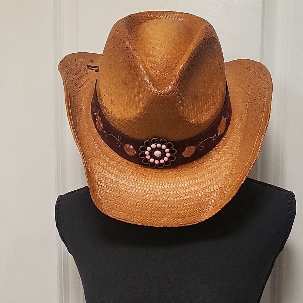 Women' Tan Western Hat with Suede Band Pink Floral Accent